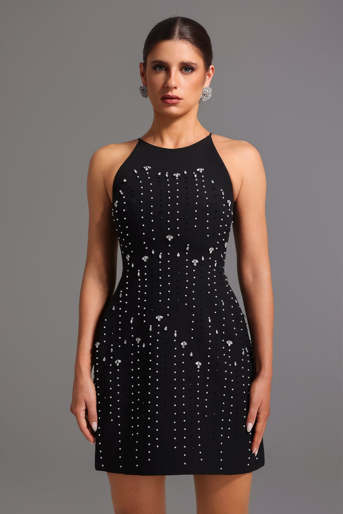 Pearl Rhinestone Vertical Stripe High Neck Bodycon Mini Dress