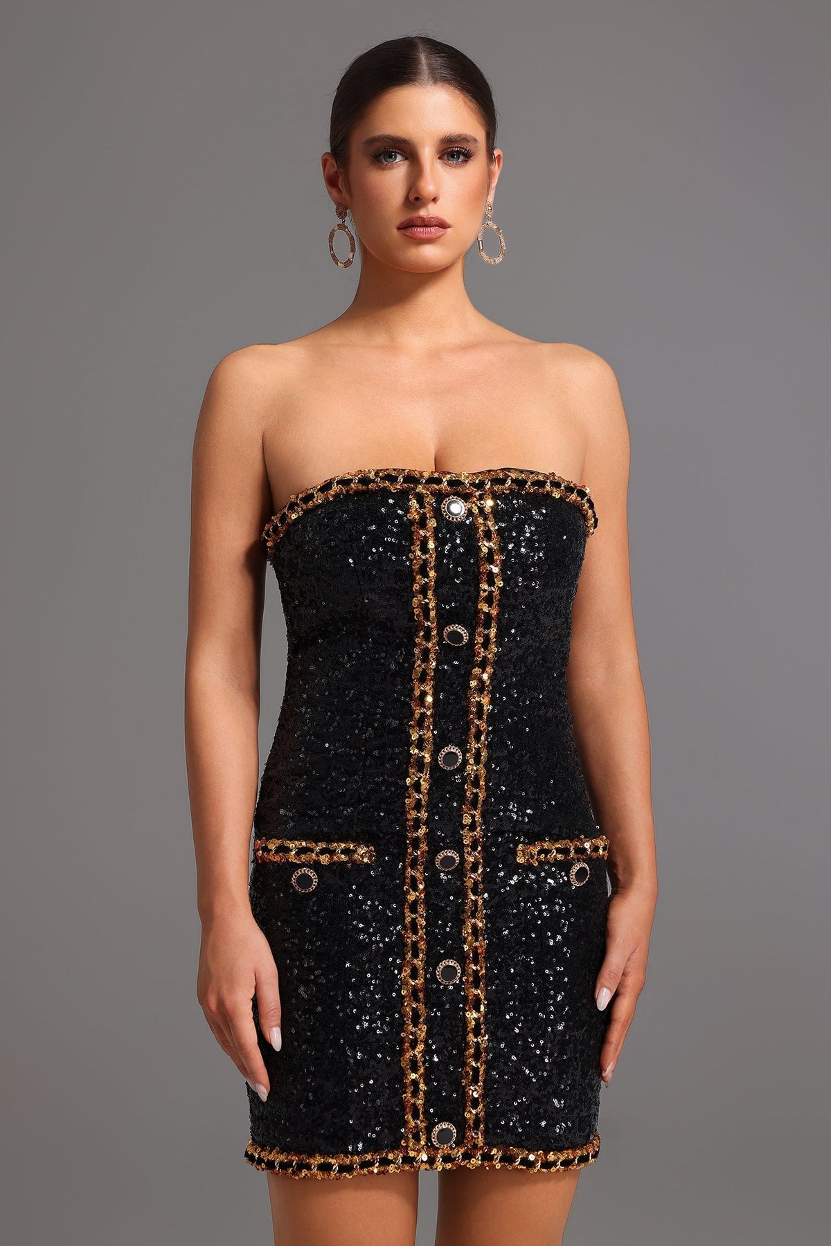 Sequin Strapless Crystal Trim Bodycon Mini Dress
