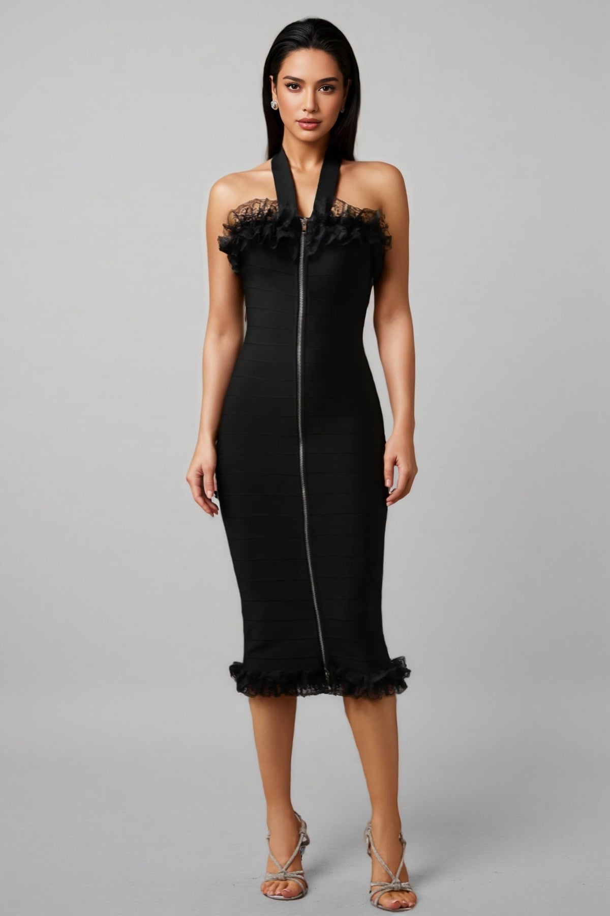 Lace V-Neck Sleeveless Bodycon Midi Party Dress