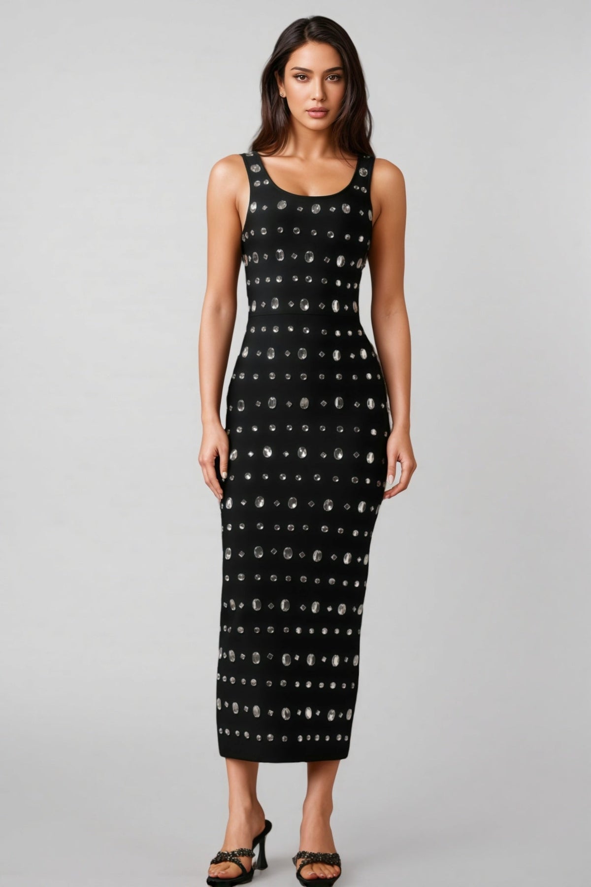 Rhinestone Embellished Scoop Neck Sleeveless Bodycon Midi Dress
