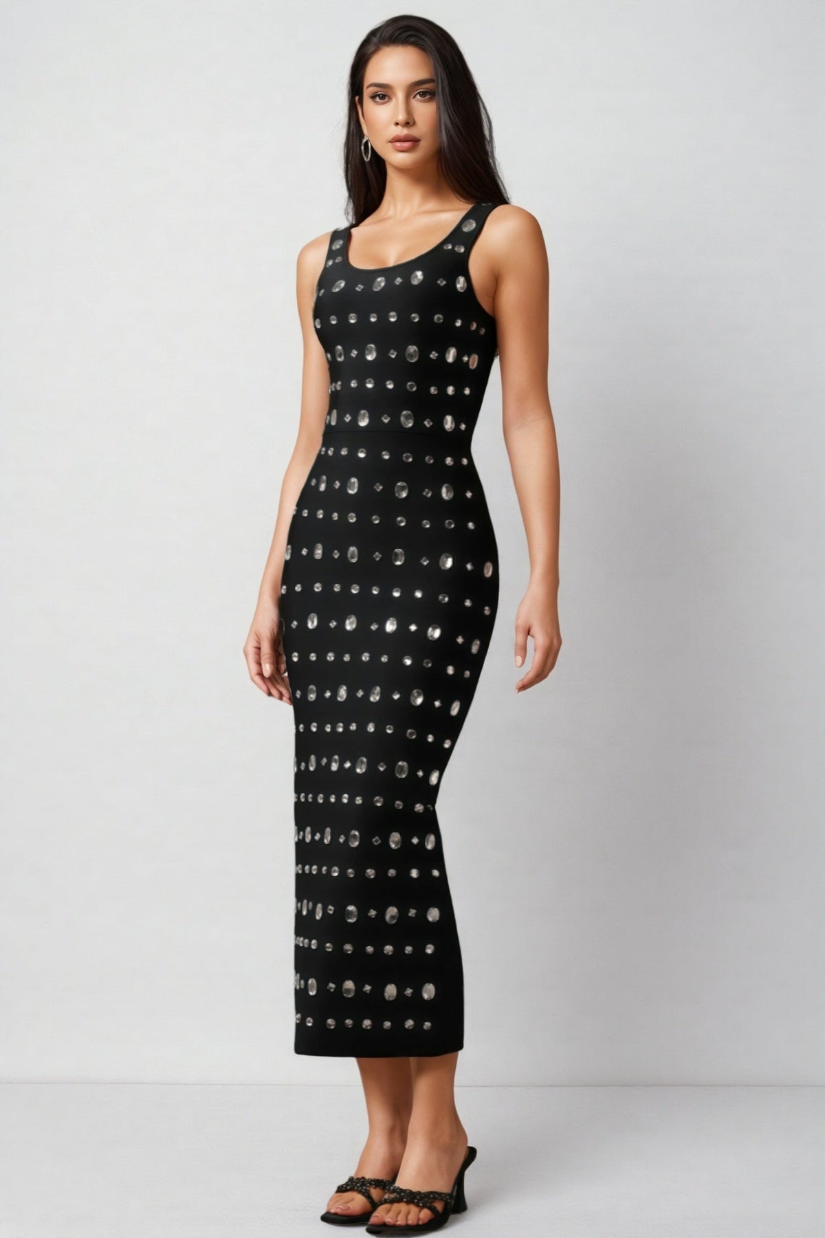 Rhinestone Embellished Scoop Neck Sleeveless Bodycon Midi Dress - View 2