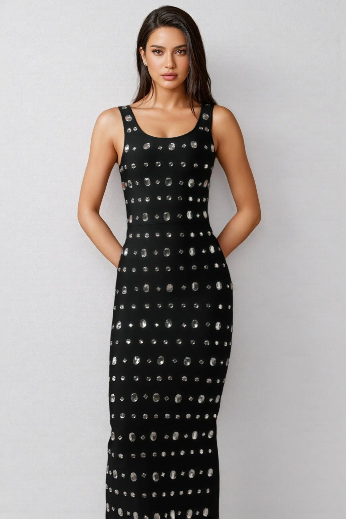 Rhinestone Embellished Scoop Neck Sleeveless Bodycon Midi Dress - View 4