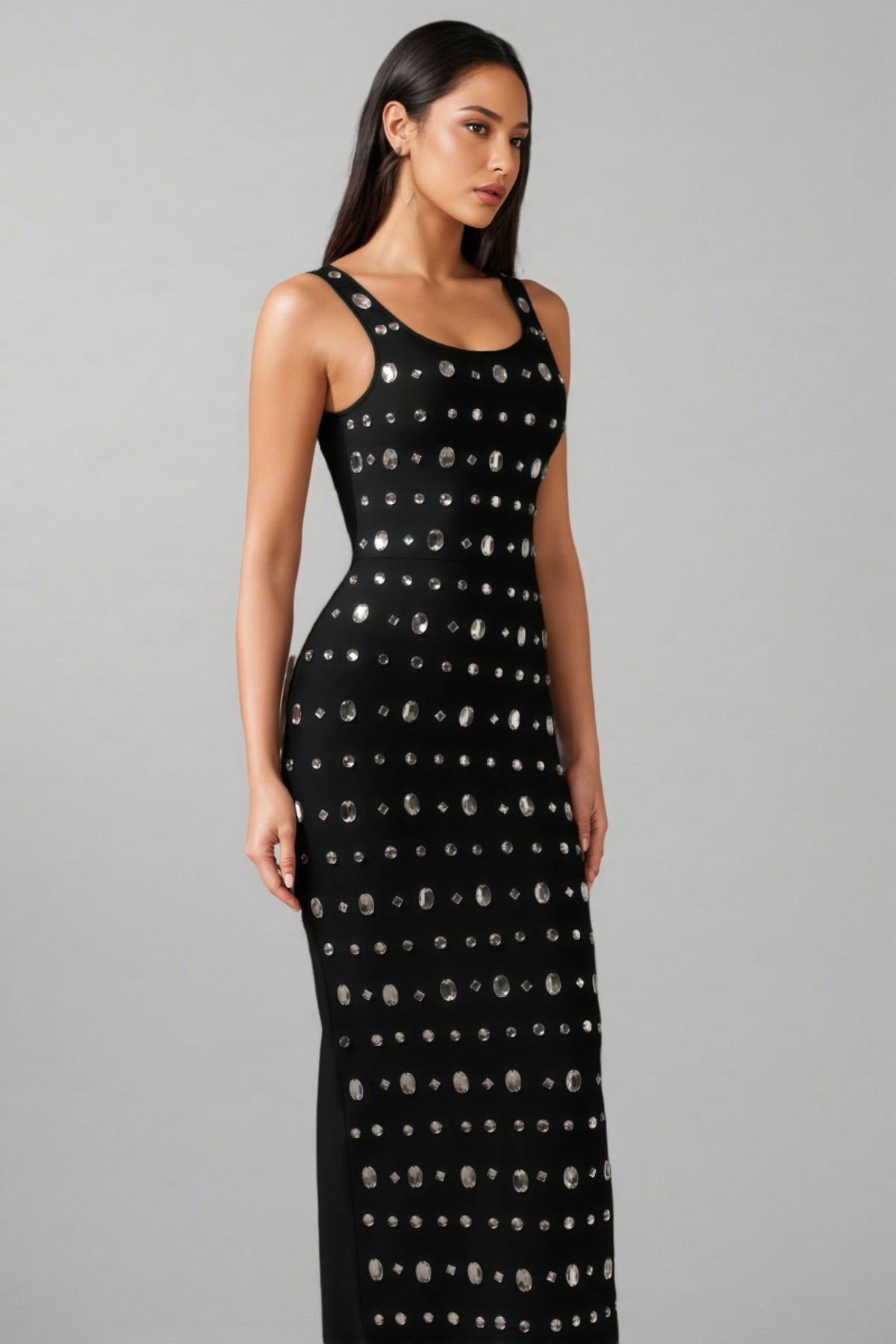 Rhinestone Embellished Scoop Neck Sleeveless Bodycon Midi Dress - View 3