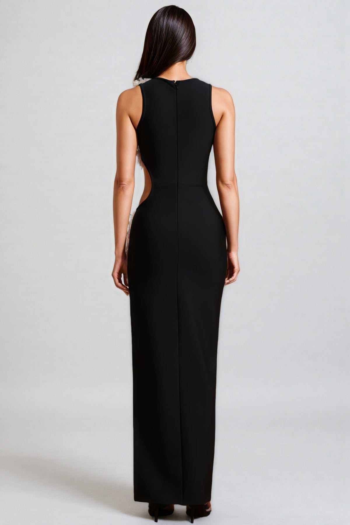Sleeveless High Neck Curved Cut Out Floral Trim High Split Maxi Gown - View 3