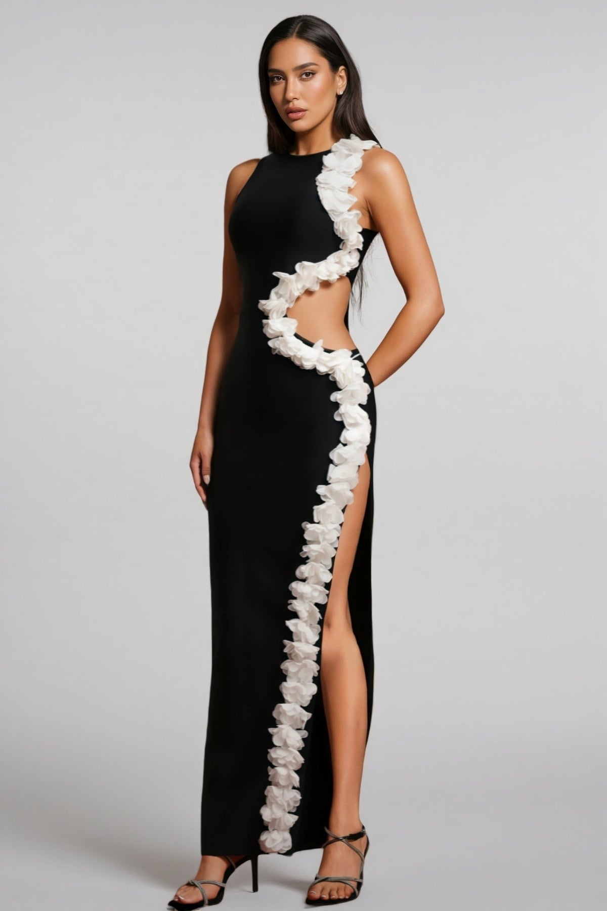 Sleeveless High Neck Curved Cut Out Floral Trim High Split Maxi Gown
