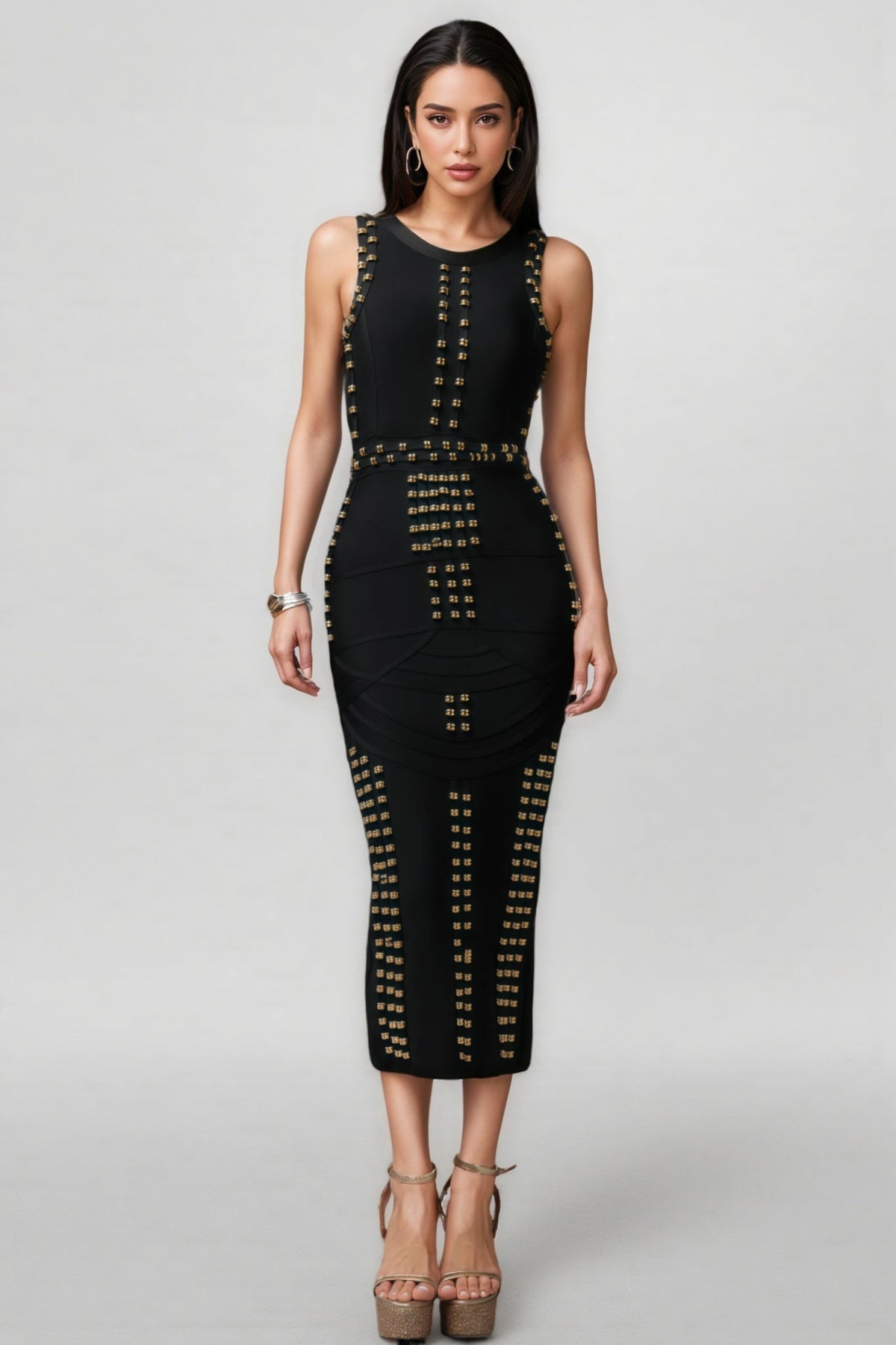 Metallic Stud Crew Neck Vertical Panel Waist Bodycon Midi Dress