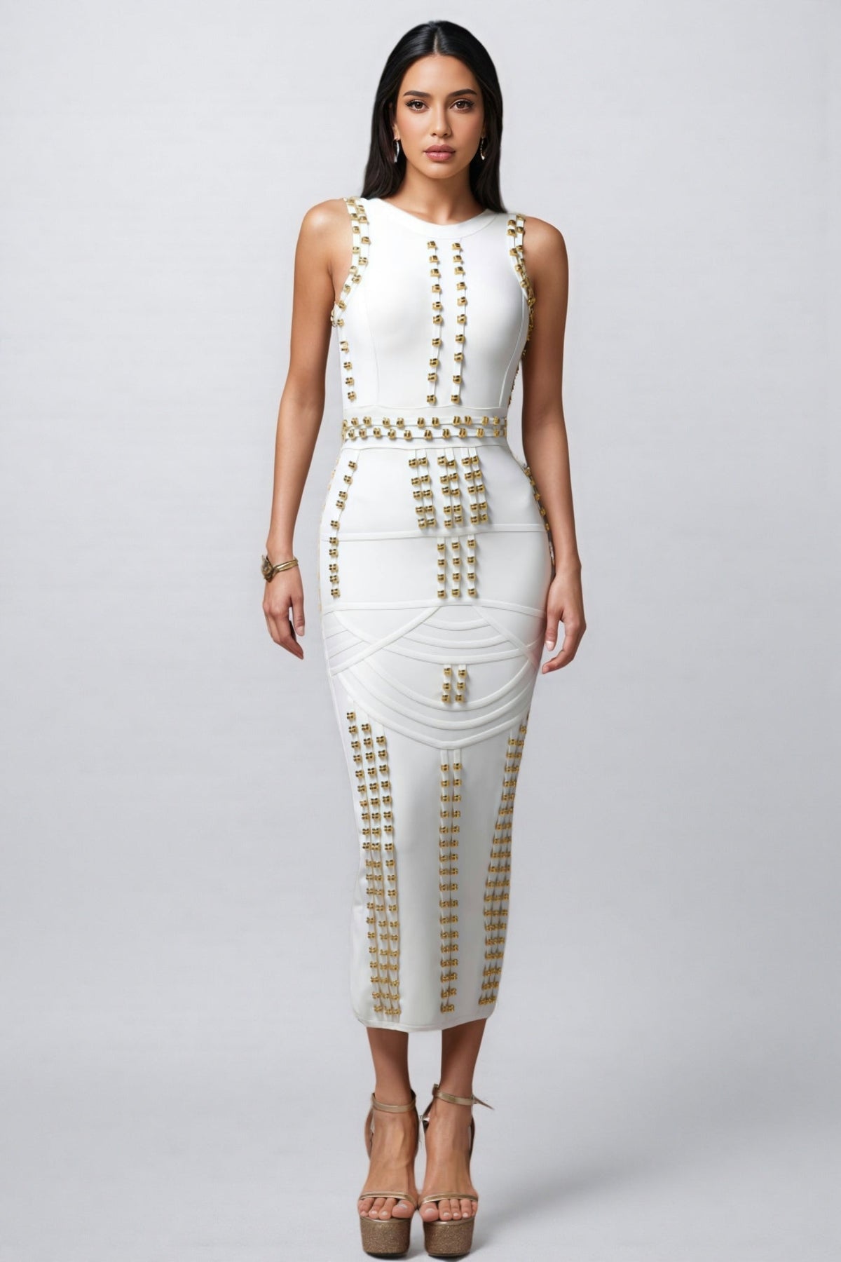 Metallic Stud Crew Neck Multi Row Waist Belt Bodycon Midi Dress