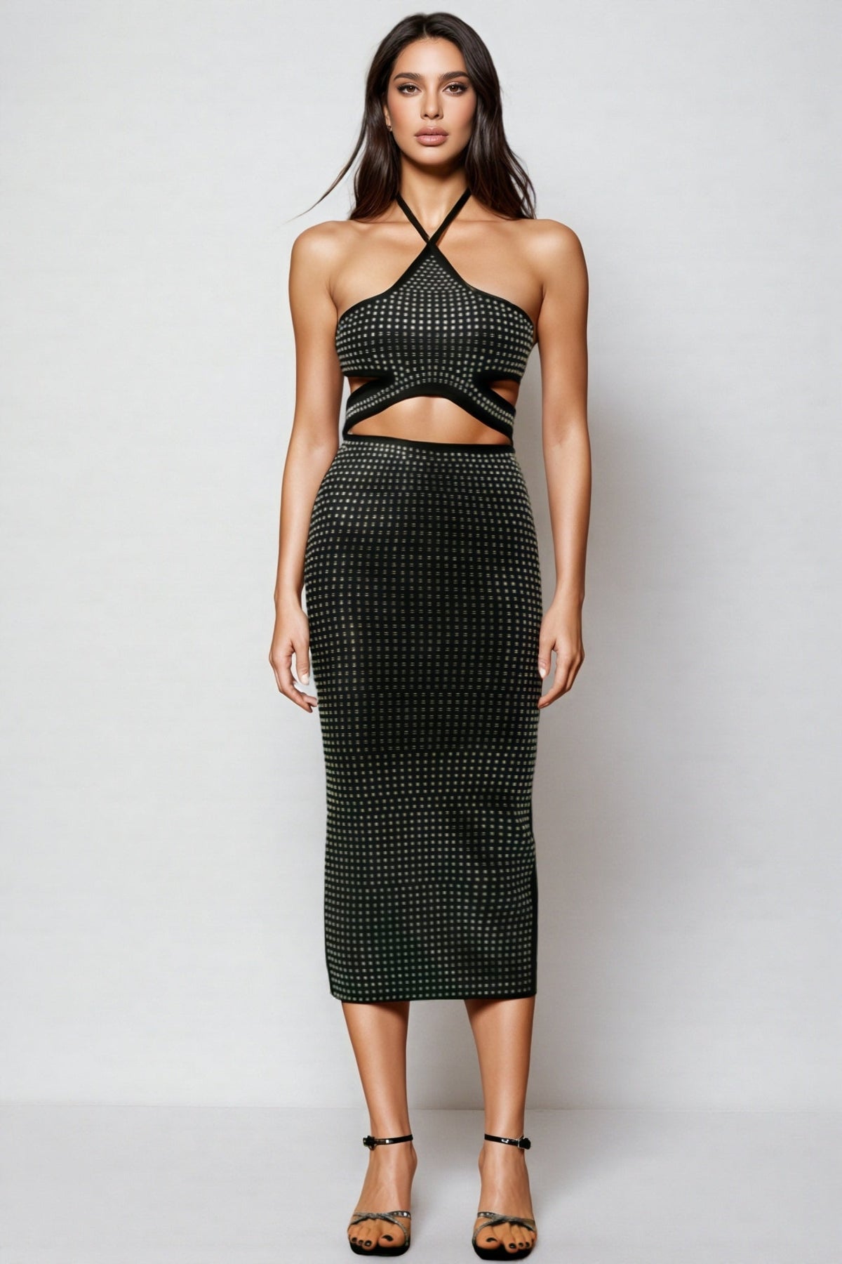 Studded Halter Cut Out Bodycon Bandage Midi Dress