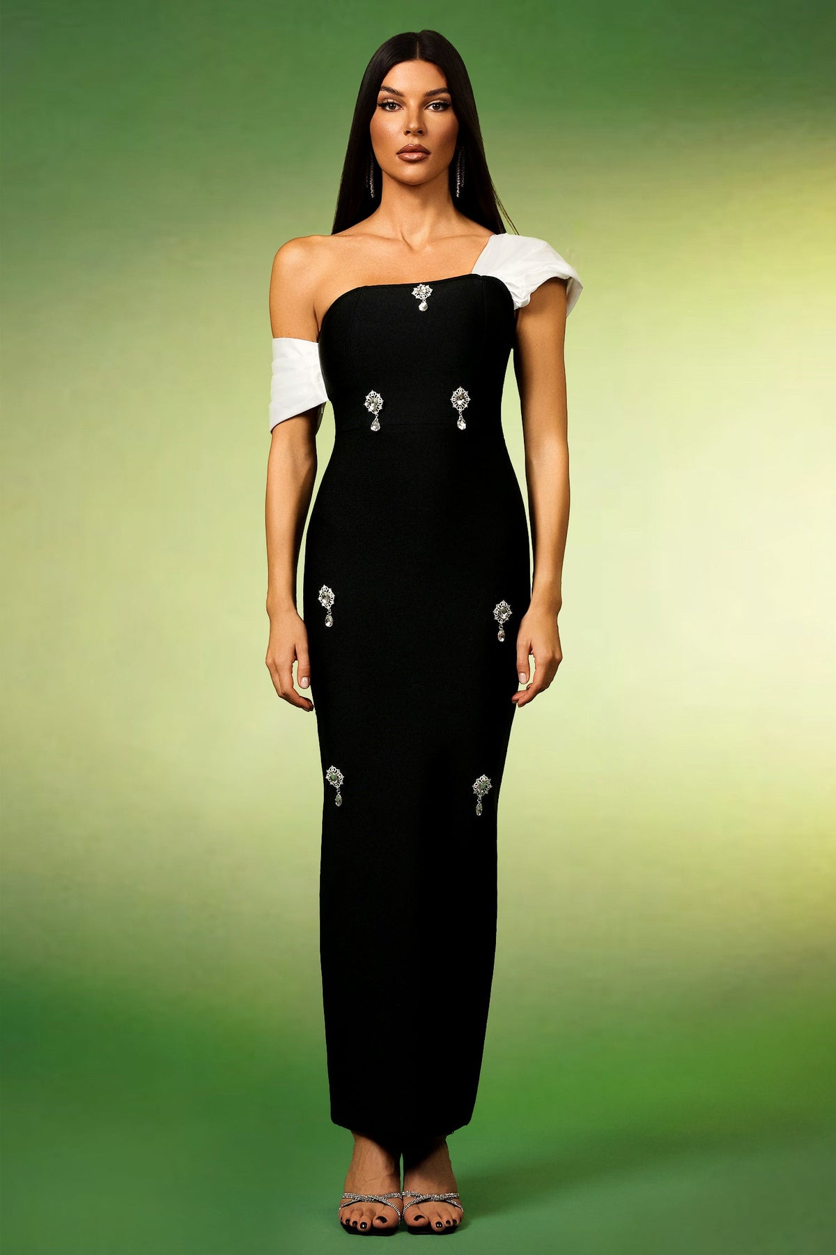 One Shoulder Ruffle Strap Rhinestone Brooch Column Maxi Gown