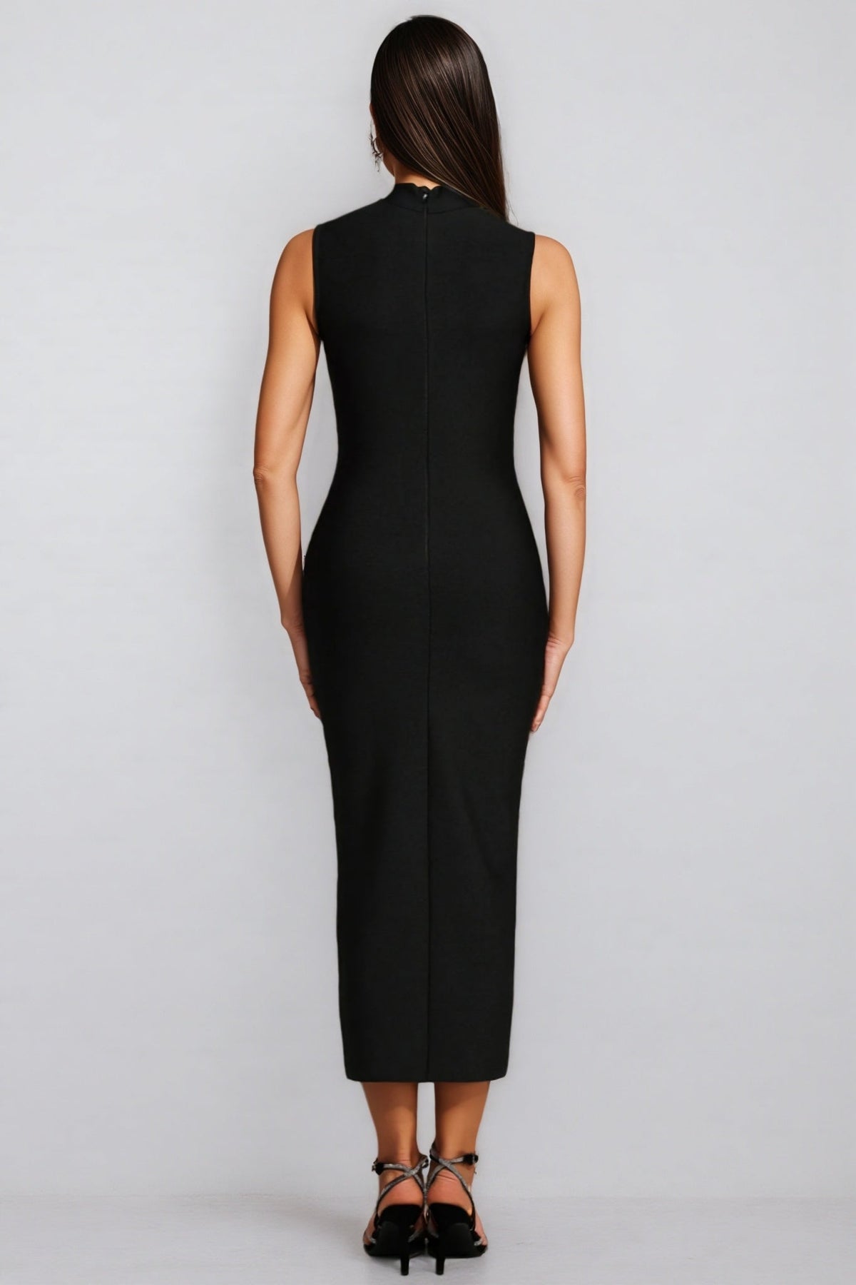 Rhinestone Sunburst Mock Neck Sleeveless Front Slit Bandage Midi Dress - View 5