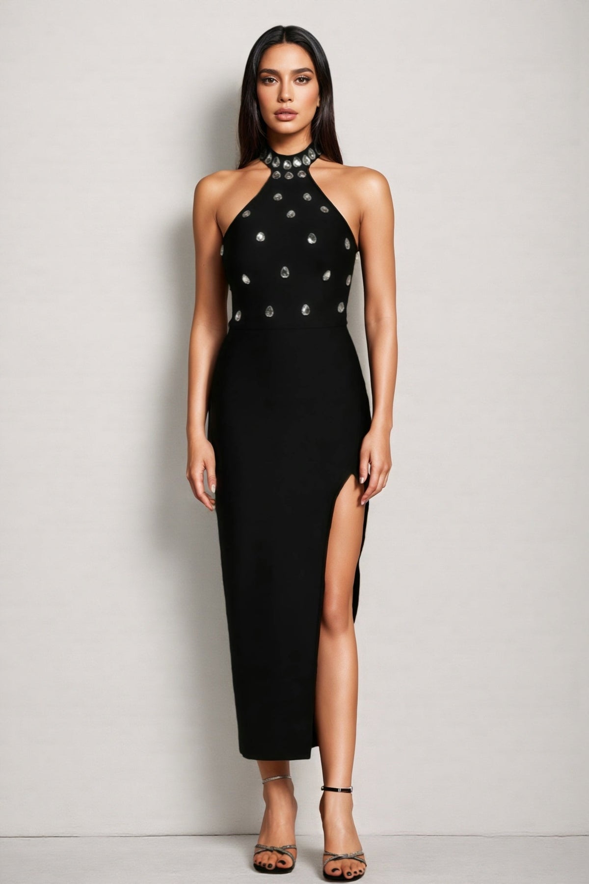 Bandage Rhinestone Halter Neck Sleeveless High Split Midi Dress