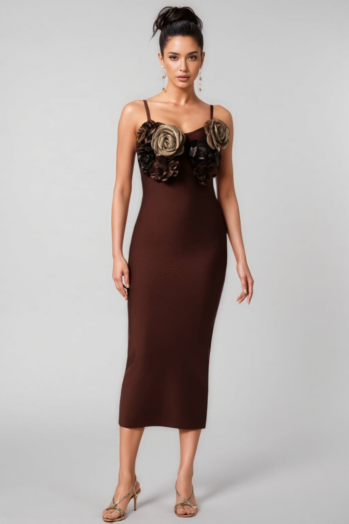 V-Neck Bandage 3D Floral Midi Dress