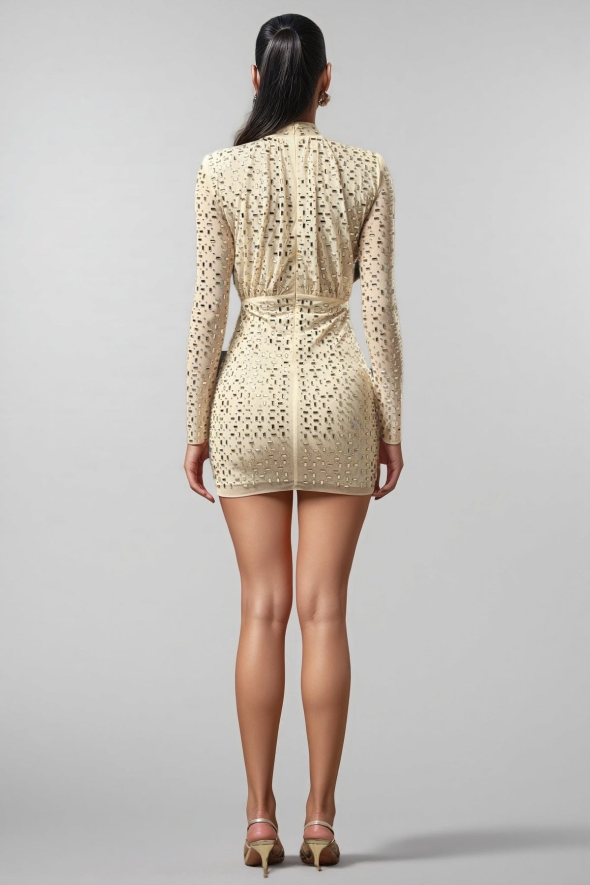 Studded Mesh Ruched Long Sleeve Mock Neck Bodycon Mini Dress - View 4