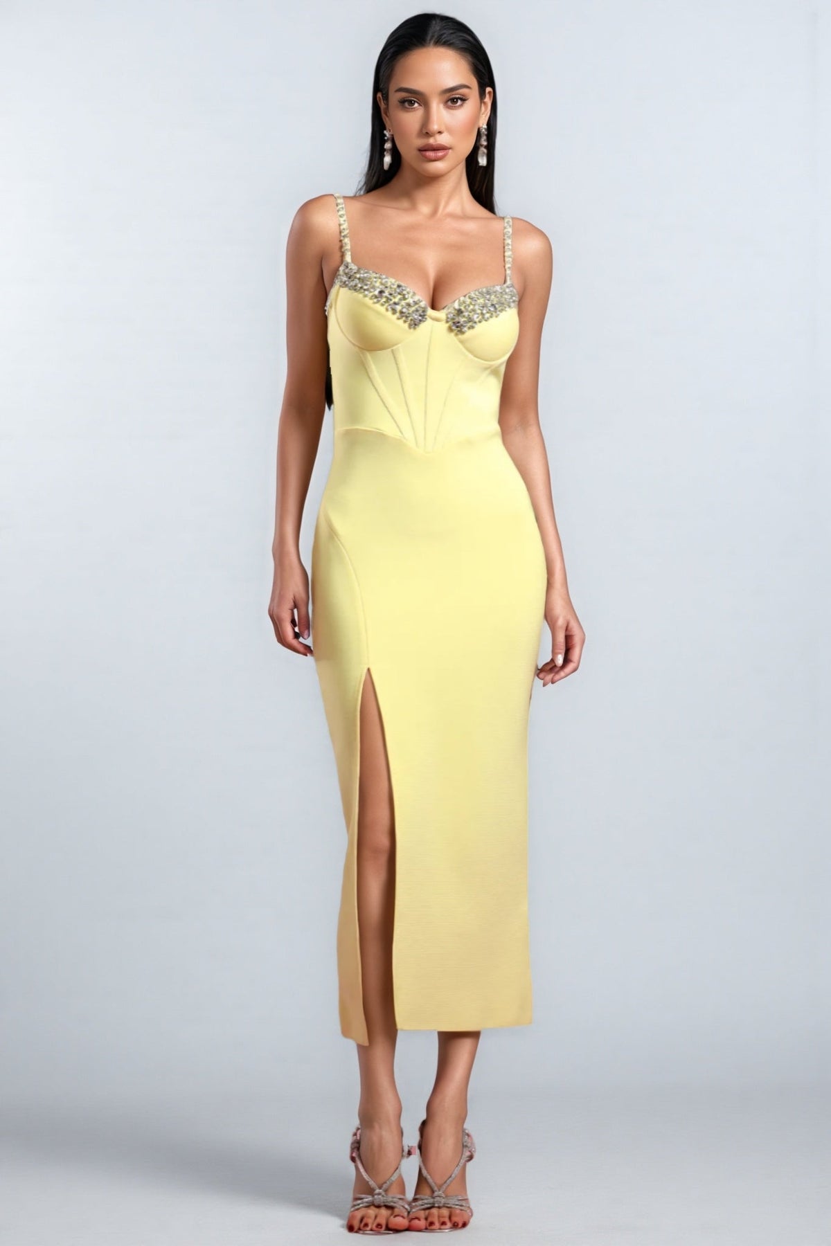 Bandage Sweetheart Corset Bustier Rhinestone Strap Midi Dress