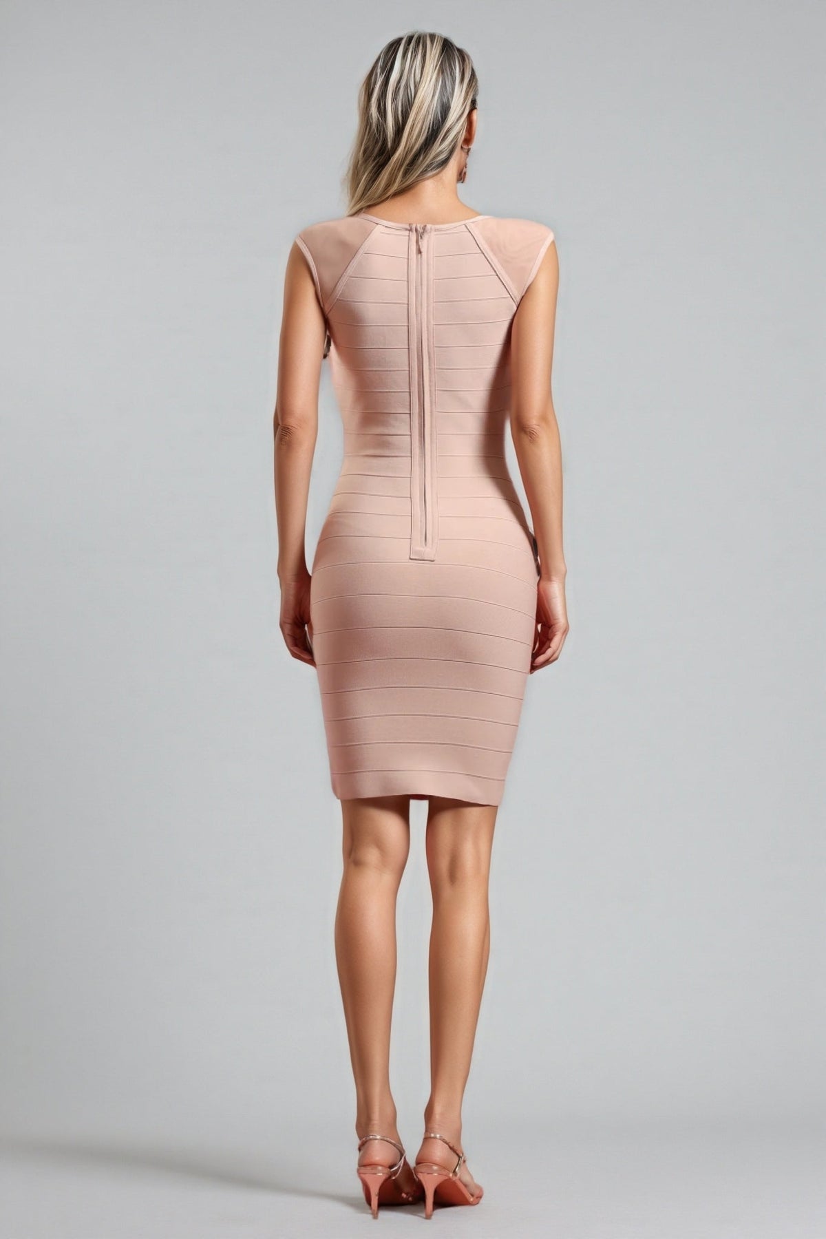Mesh Scoop Neck Chevron Bandage Cap Sleeve Bodycon Mini Dress - View 3