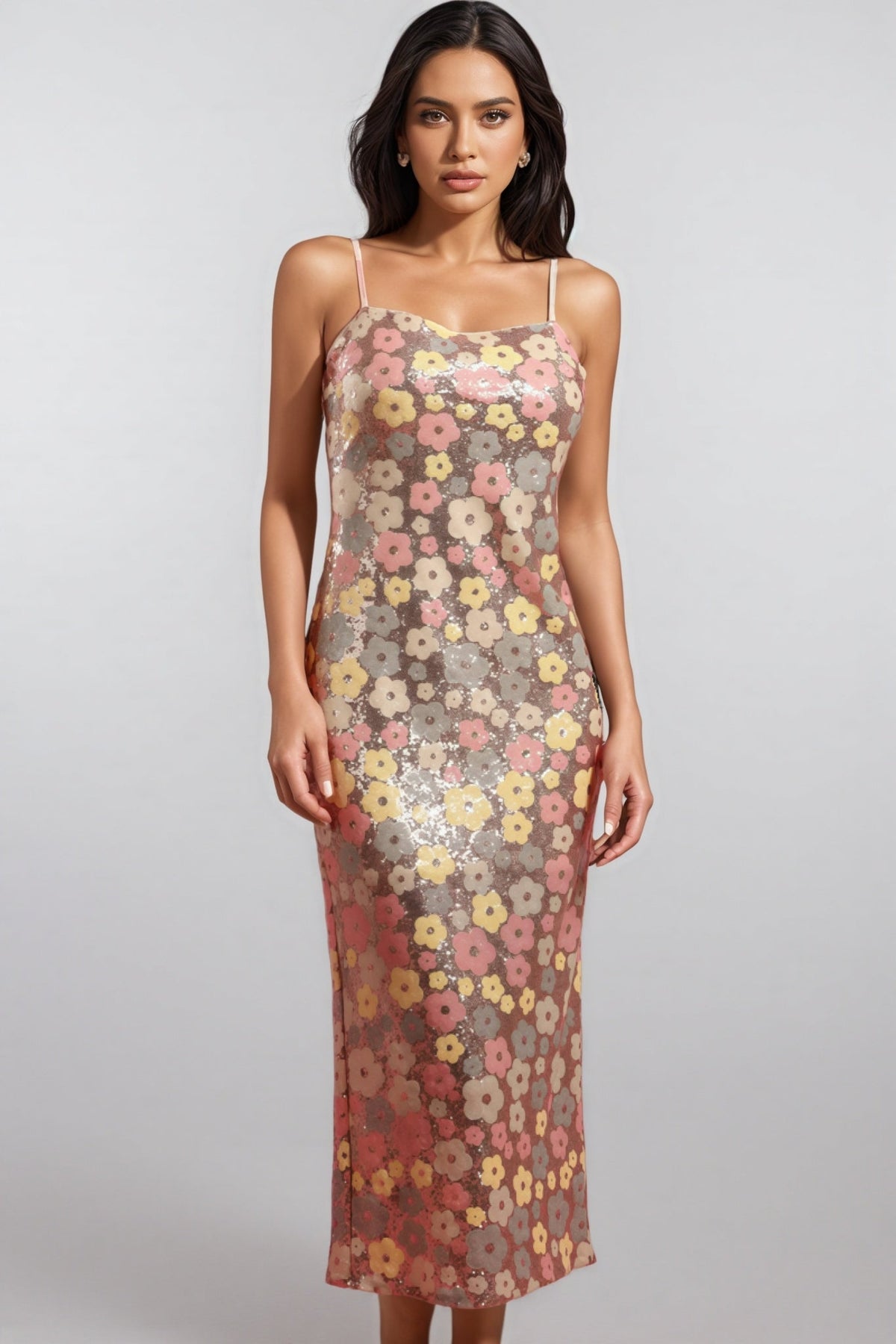 Floral Sequin Spaghetti Strap Bodycon Midi Dress - View 5