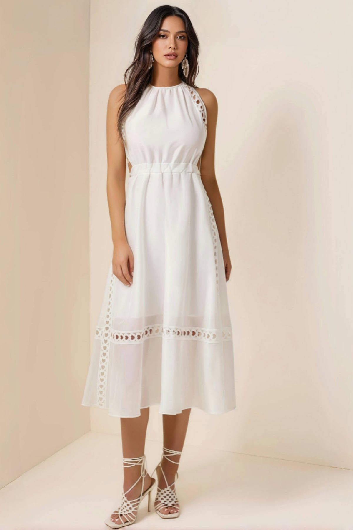 Heart Eyelet Halter Neck A-Line Midi Dress
