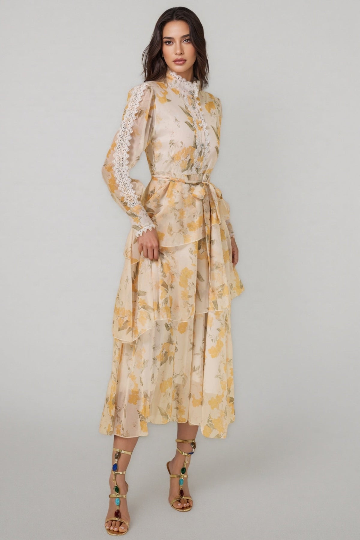 Leonasd Lace Splicing Chiffon Ruffle Midi Dress - View 4