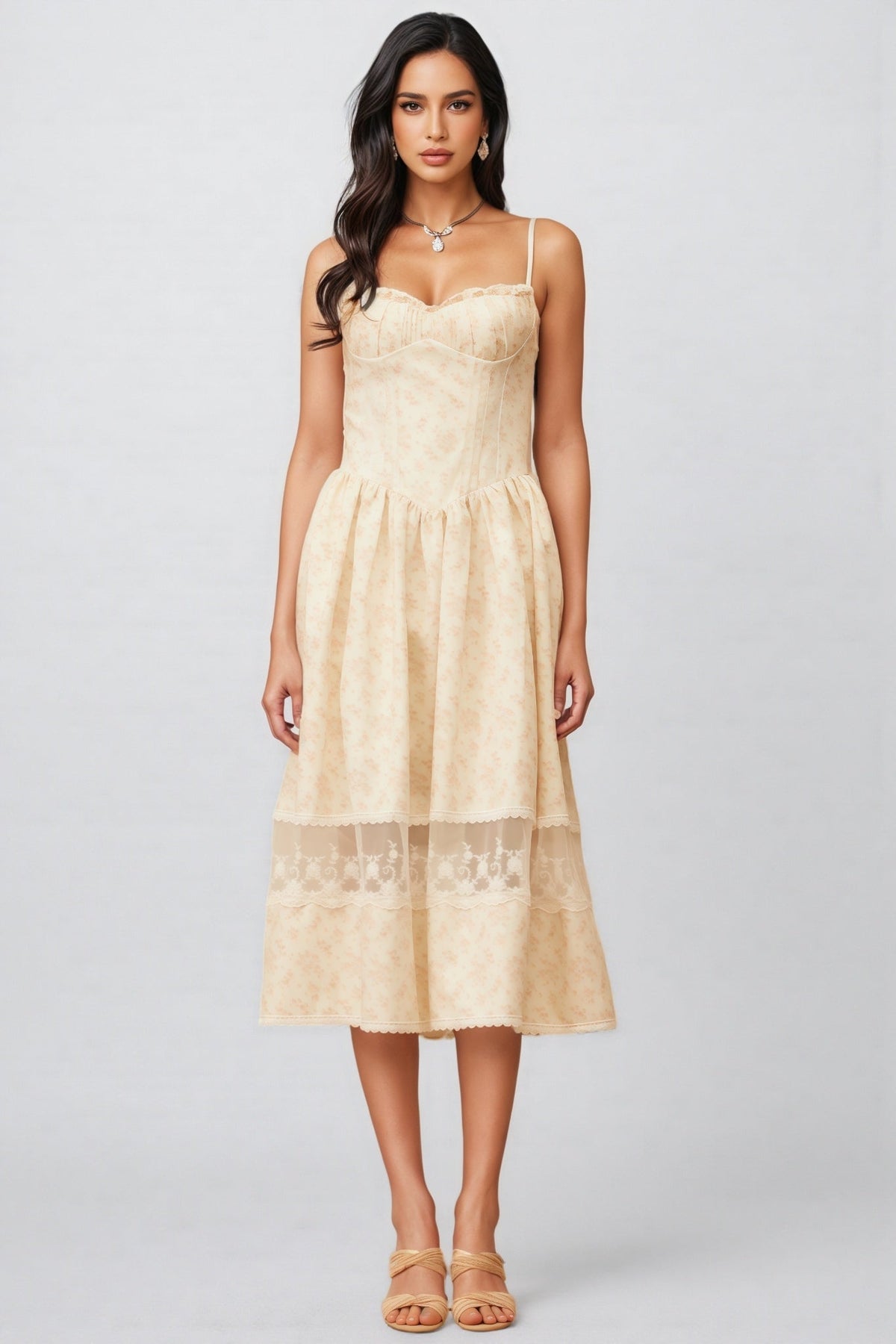 Floral Print Sweetheart Spaghetti Strap Bustier Lace Trim Midi Dress