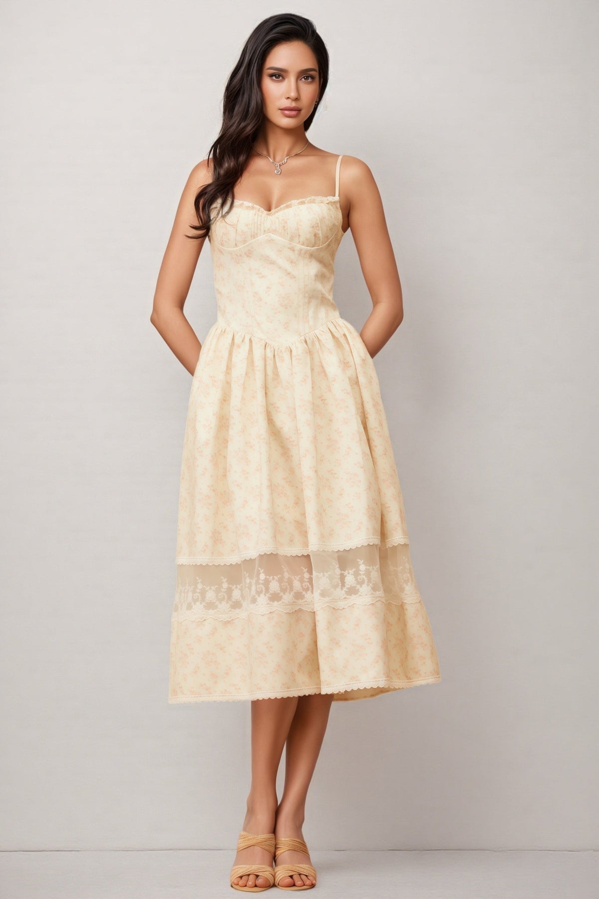 Floral Print Sweetheart Spaghetti Strap Bustier Lace Trim Midi Dress - View 2