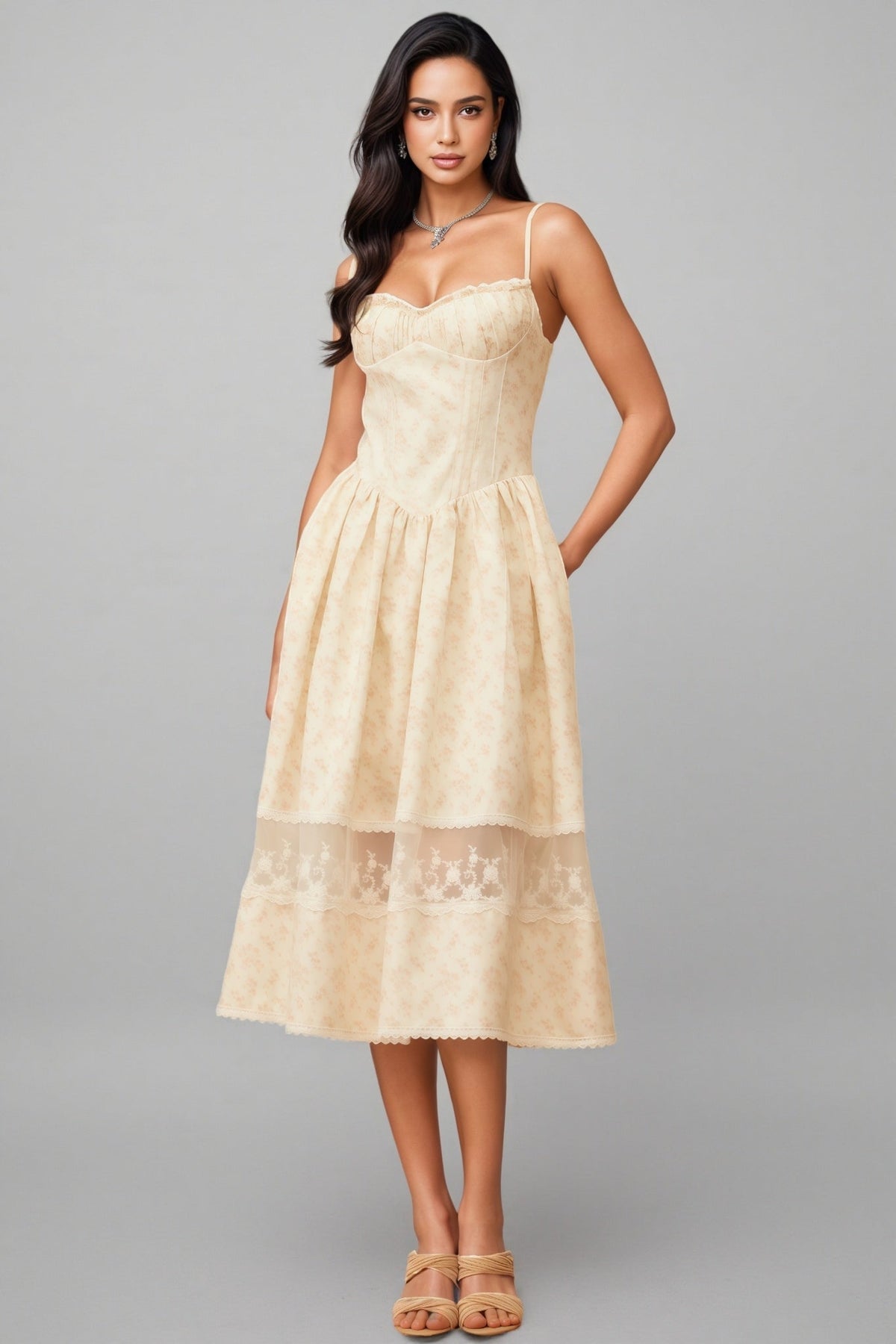Floral Print Sweetheart Spaghetti Strap Bustier Lace Trim Midi Dress - View 4