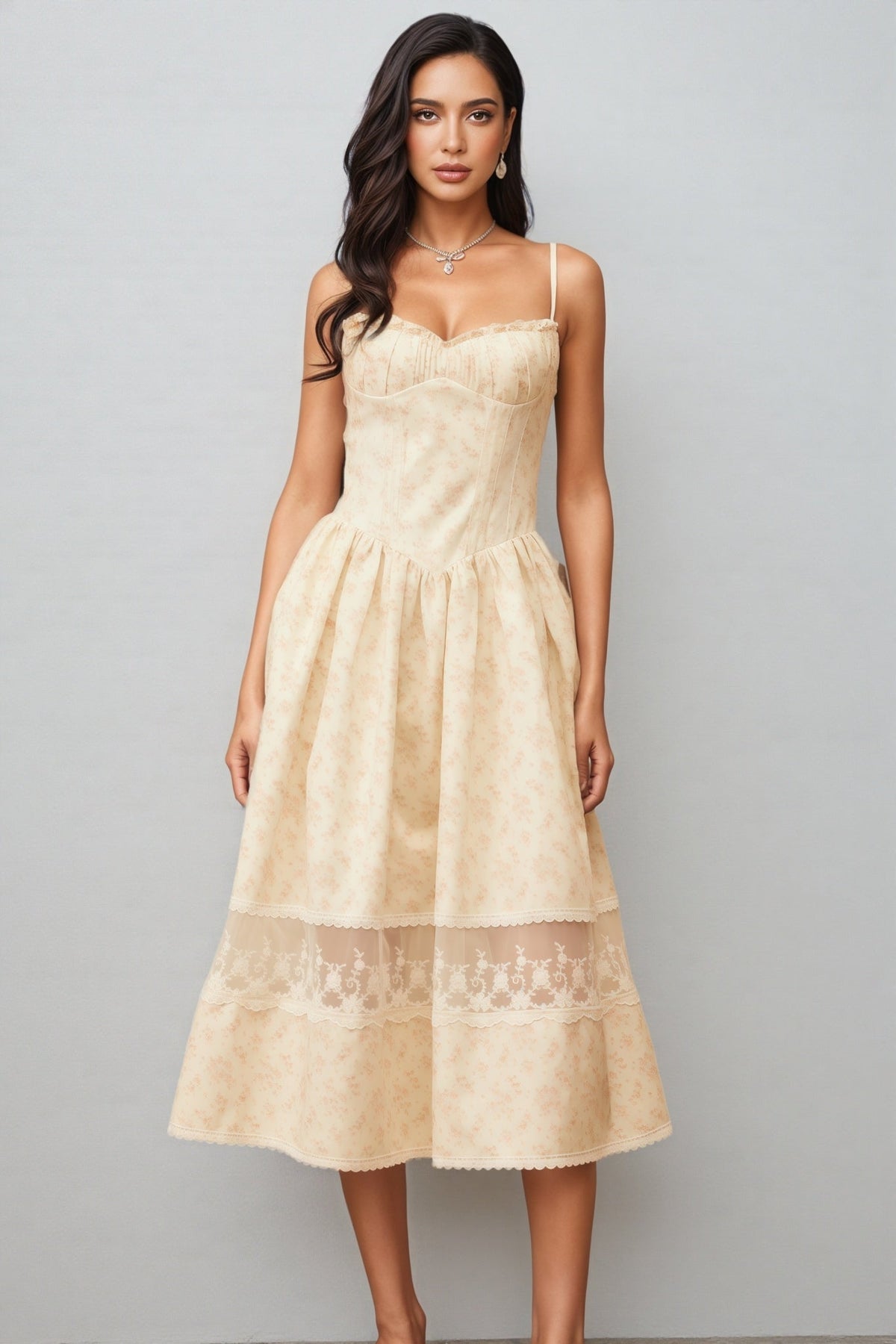 Floral Print Sweetheart Spaghetti Strap Bustier Lace Trim Midi Dress - View 7