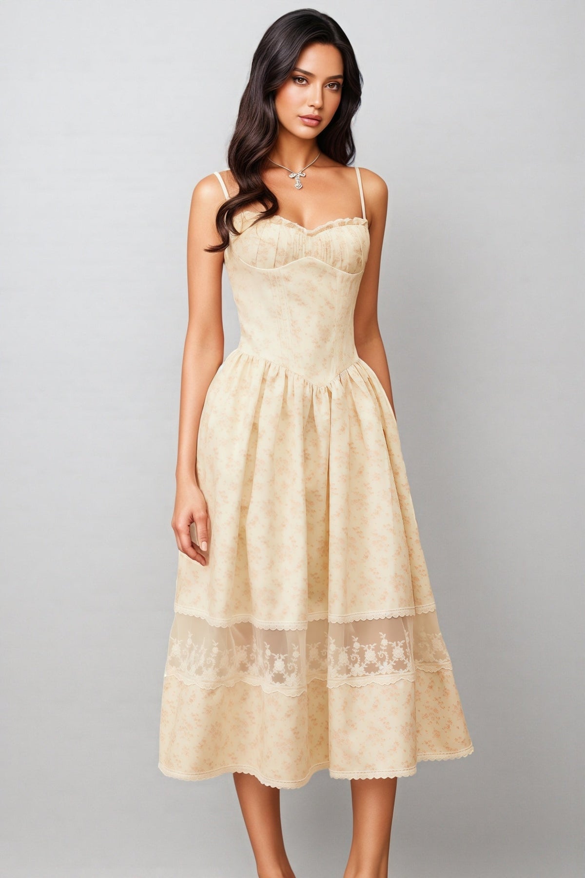 Floral Print Sweetheart Spaghetti Strap Bustier Lace Trim Midi Dress - View 6