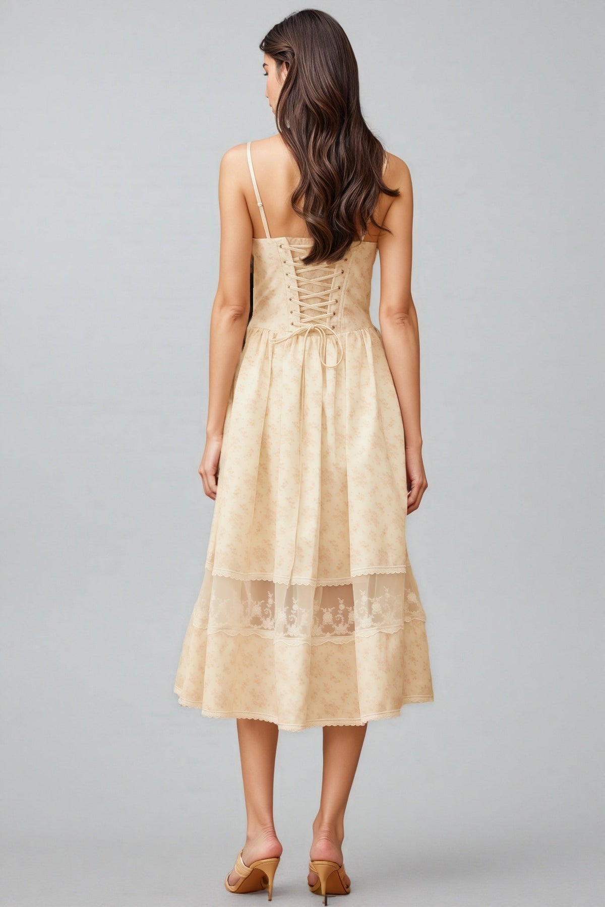 Floral Print Sweetheart Spaghetti Strap Bustier Lace Trim Midi Dress - View 5