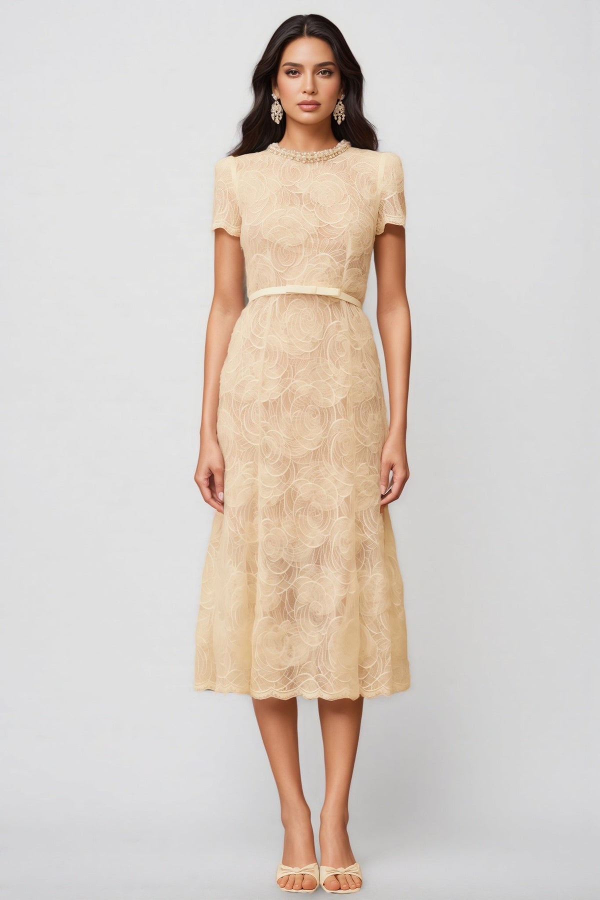 Lace Crew Neck Short Sleeve Pearl Trim A-Line Midi Dress - View 3