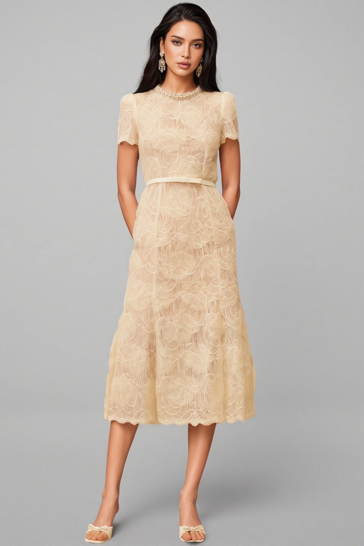 Lace Crew Neck Short Sleeve Pearl Trim A-Line Midi Dress - View 5