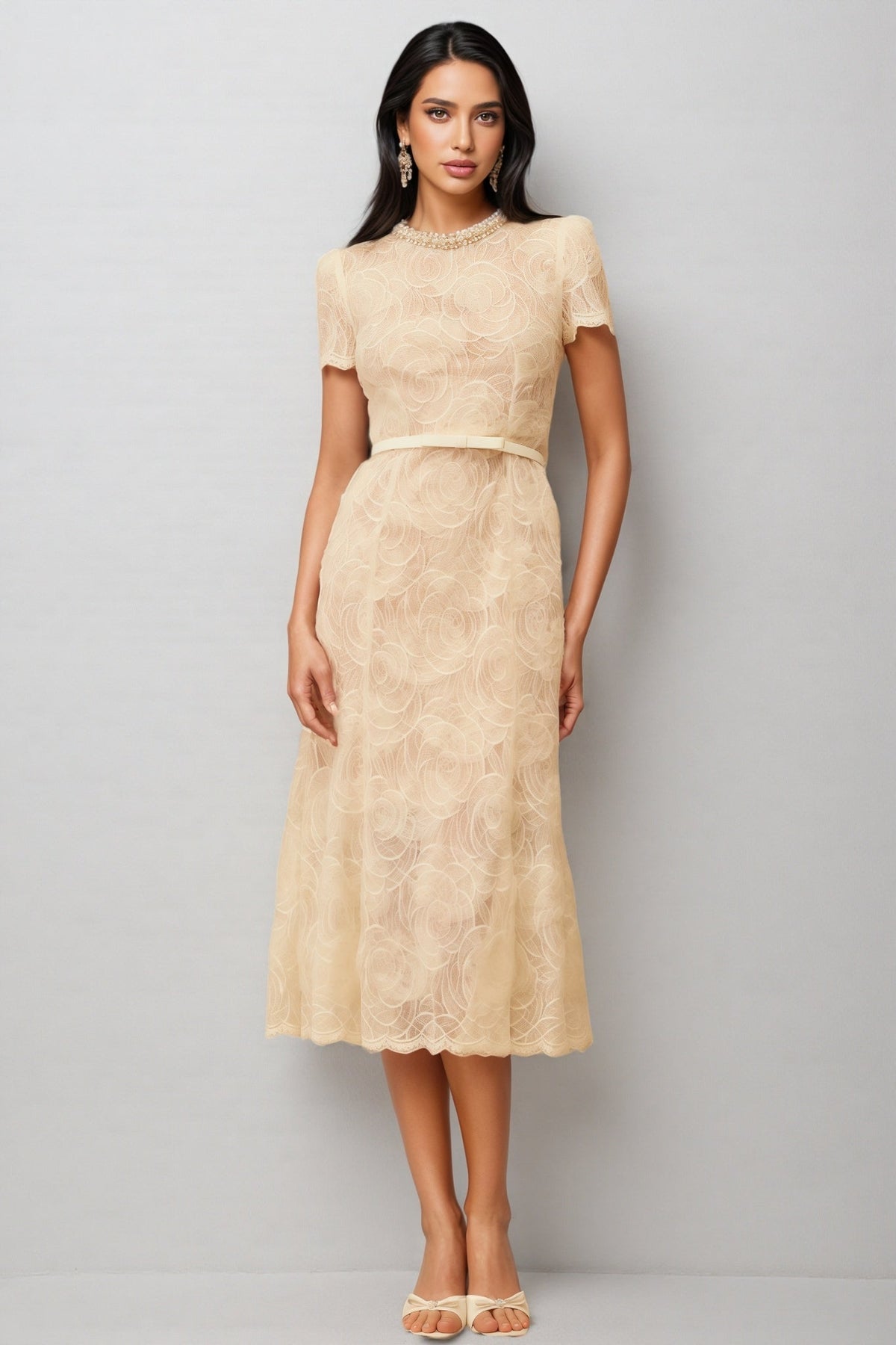 Lace Crew Neck Short Sleeve Pearl Trim A-Line Midi Dress - View 2