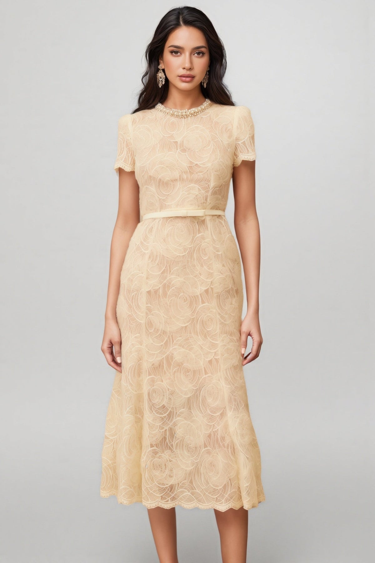 Lace Crew Neck Short Sleeve Pearl Trim A-Line Midi Dress - View 6