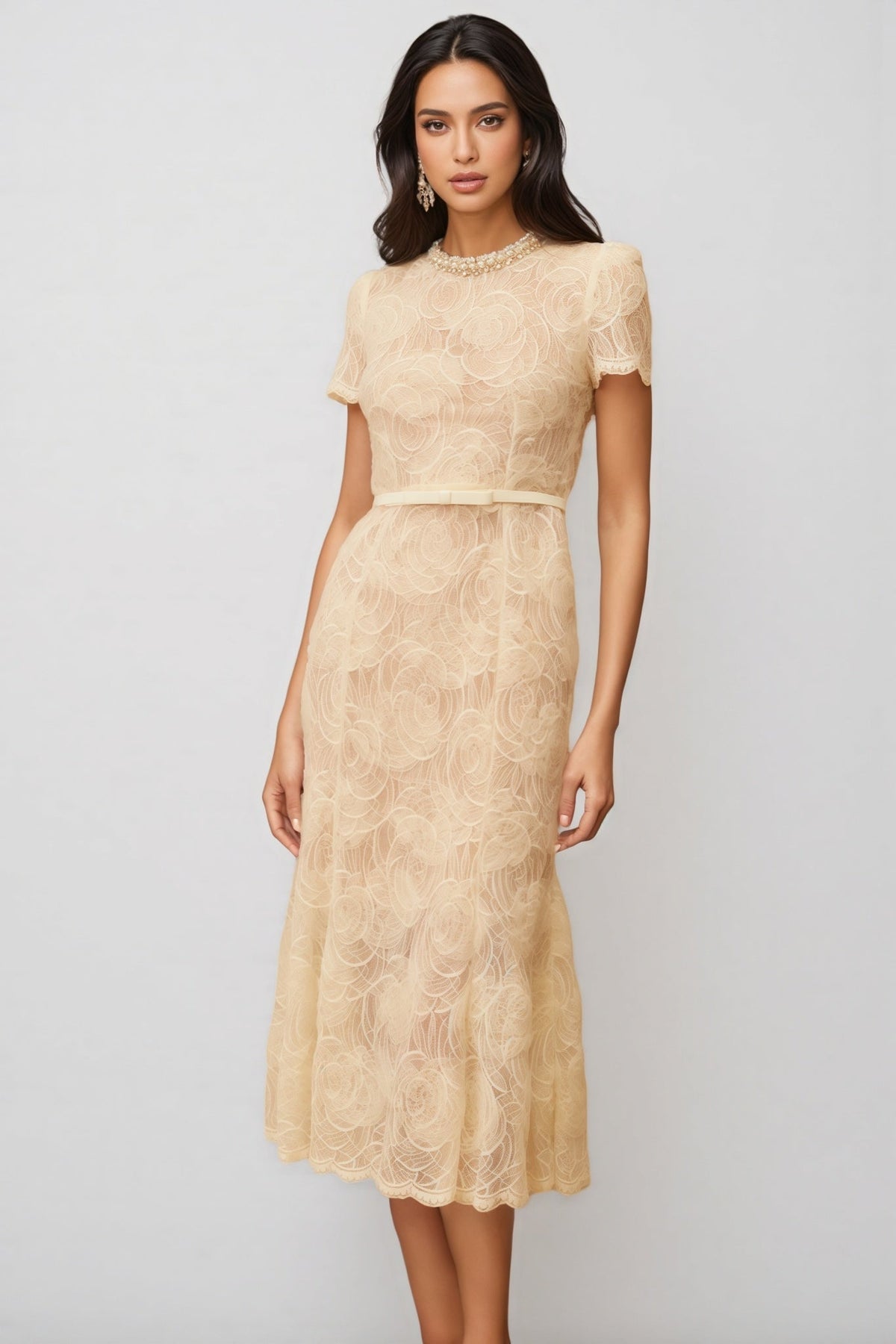 Lace Crew Neck Short Sleeve Pearl Trim A-Line Midi Dress - View 7