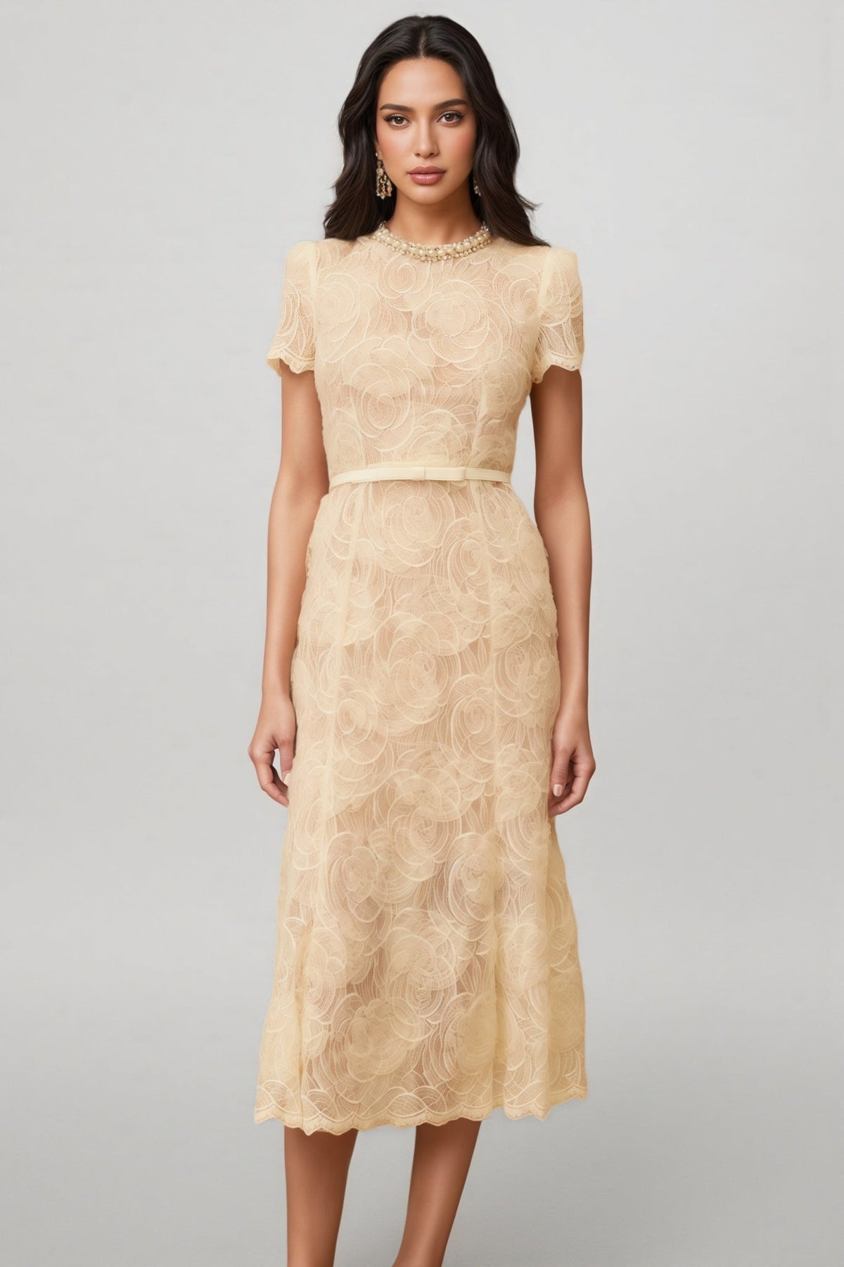 Lace Crew Neck Short Sleeve Pearl Trim A-Line Midi Dress - View 4