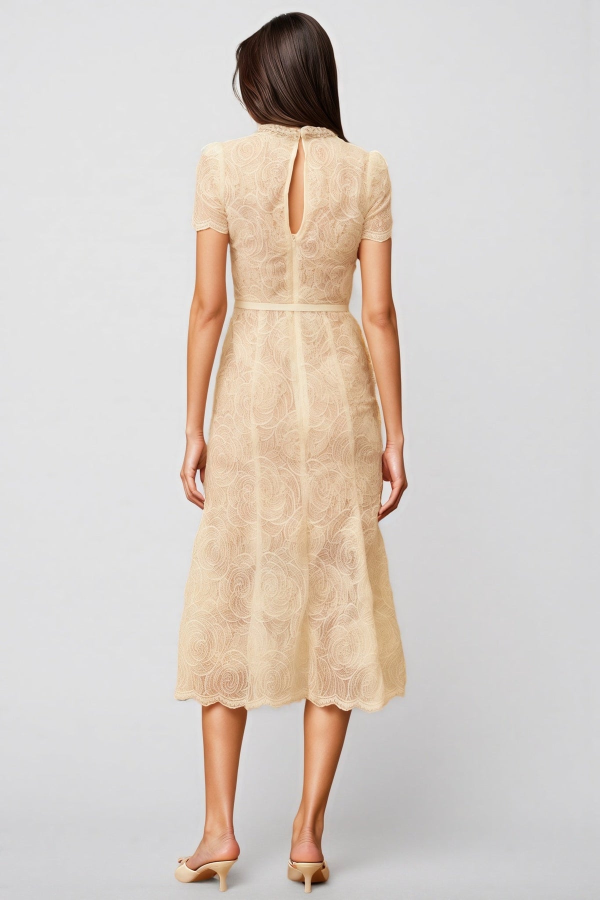 Lace Crew Neck Short Sleeve Pearl Trim A-Line Midi Dress - View 8