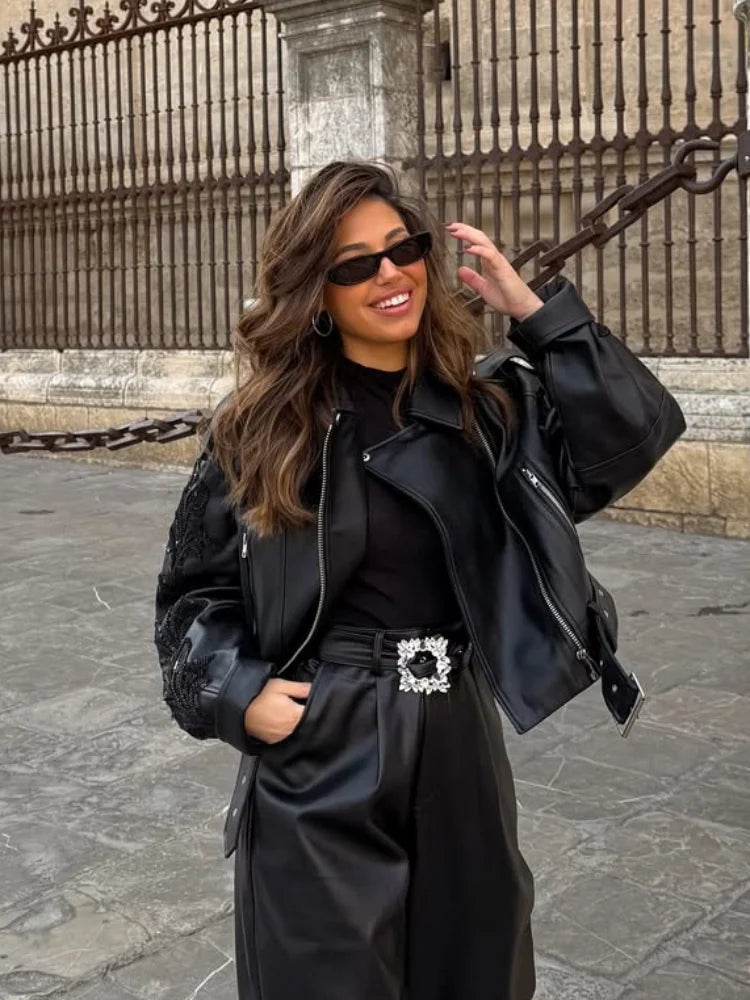 Sequins Shiny Belted Leather Coat 2