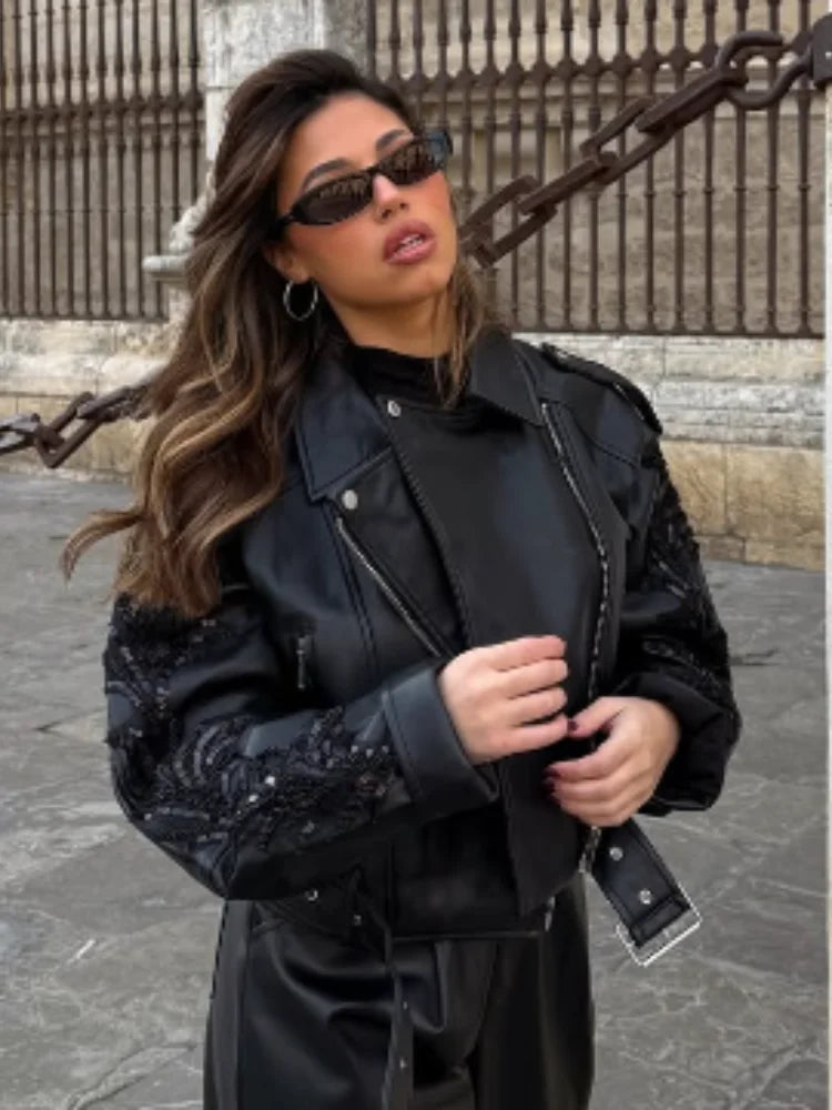 Sequins Shiny Belted Leather Coat 4