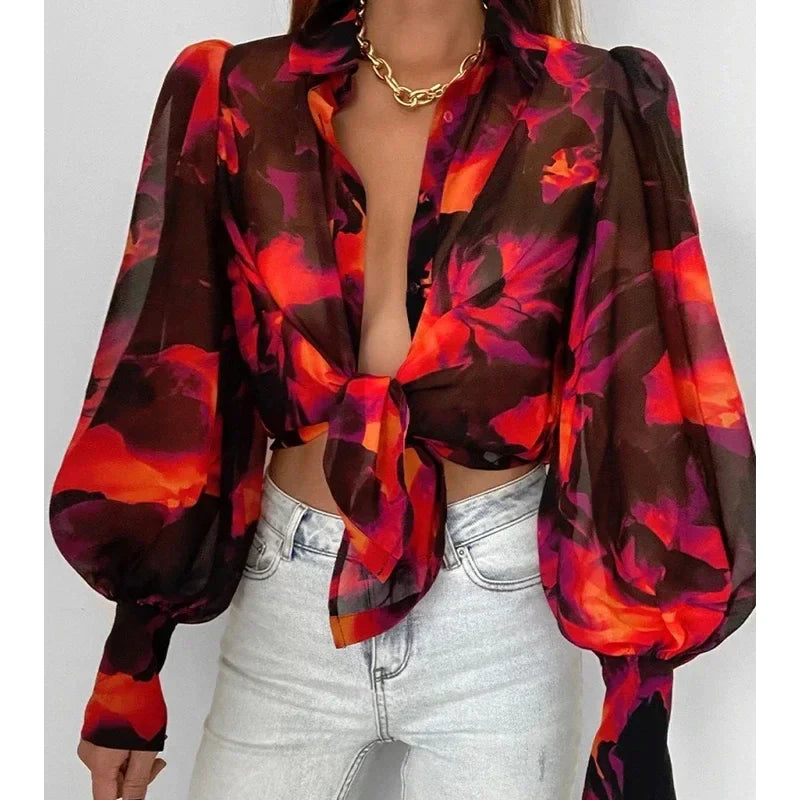 Printed Lantern Sleeve Vintage Floral Button Long Sleeve Blouse