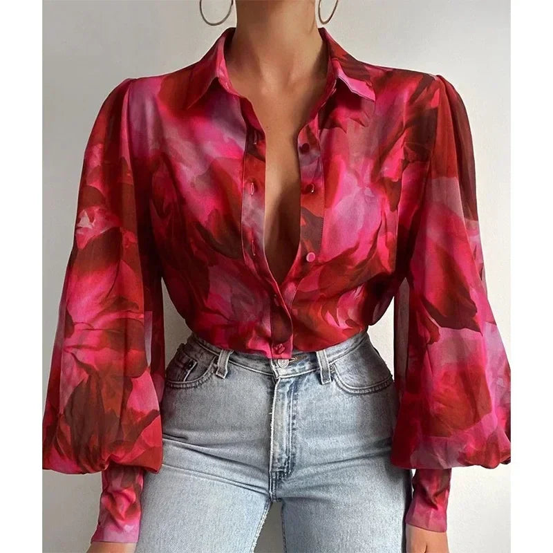 Printed Lantern Sleeve Vintage Floral Button Long Sleeve Blouse