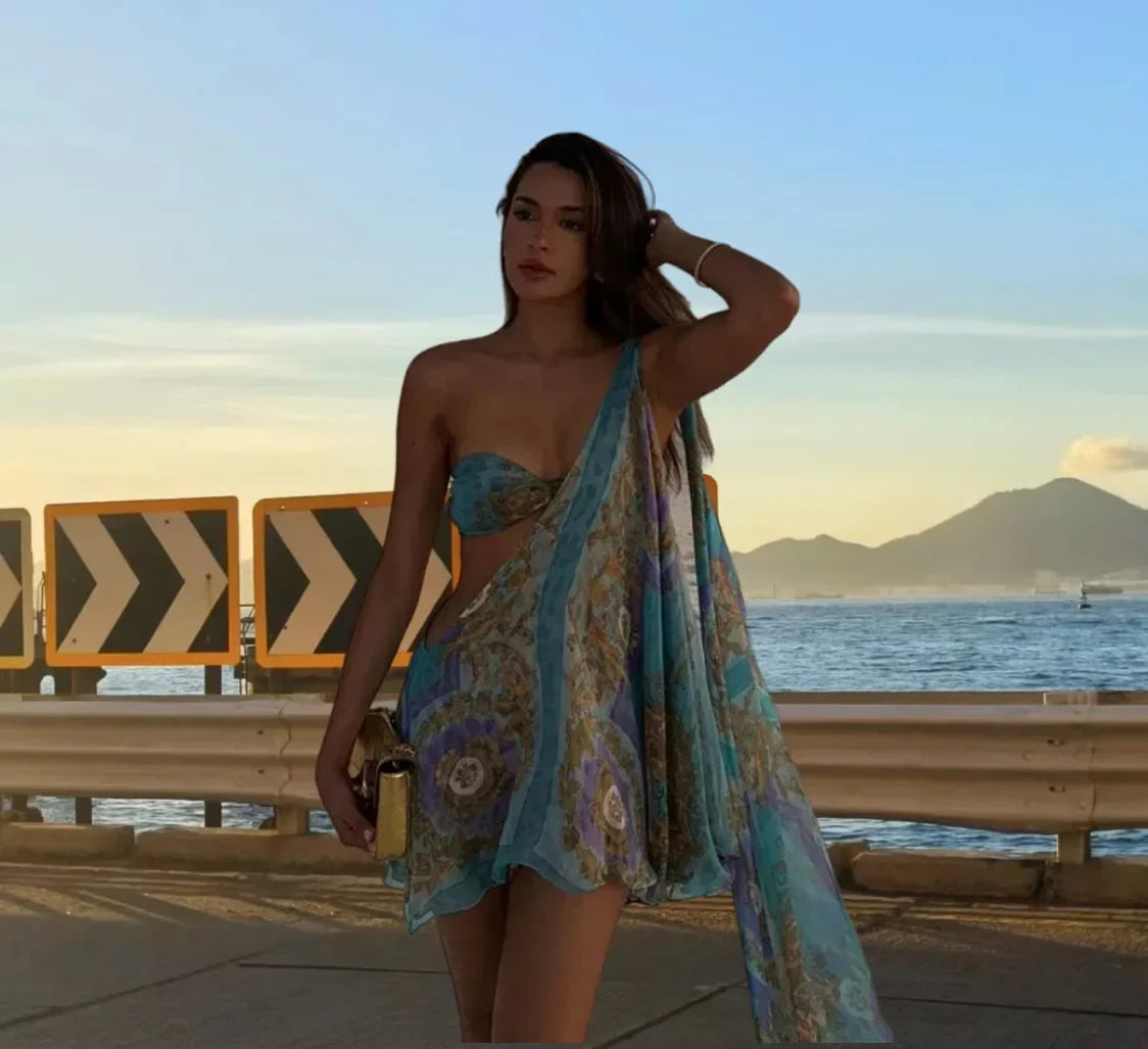 Diagonal Shoulder Mesh Mini Dress