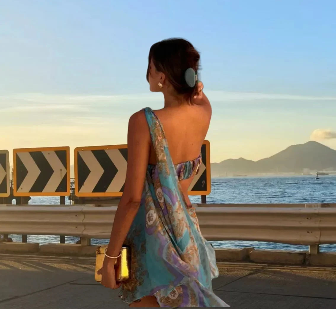 Diagonal Shoulder Mesh Mini Dress