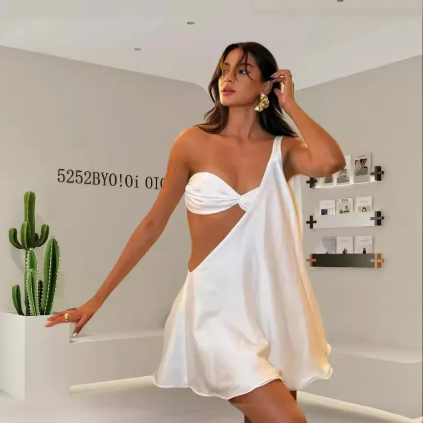 Diagonal Shoulder Mesh Mini Dress