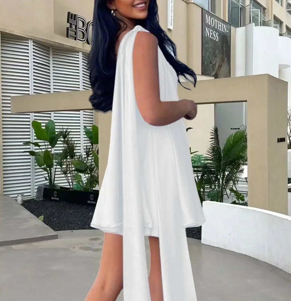 Diagonal Shoulder Mesh Mini Dress