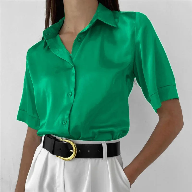 Office Short Sleeve Satin Green Blouse