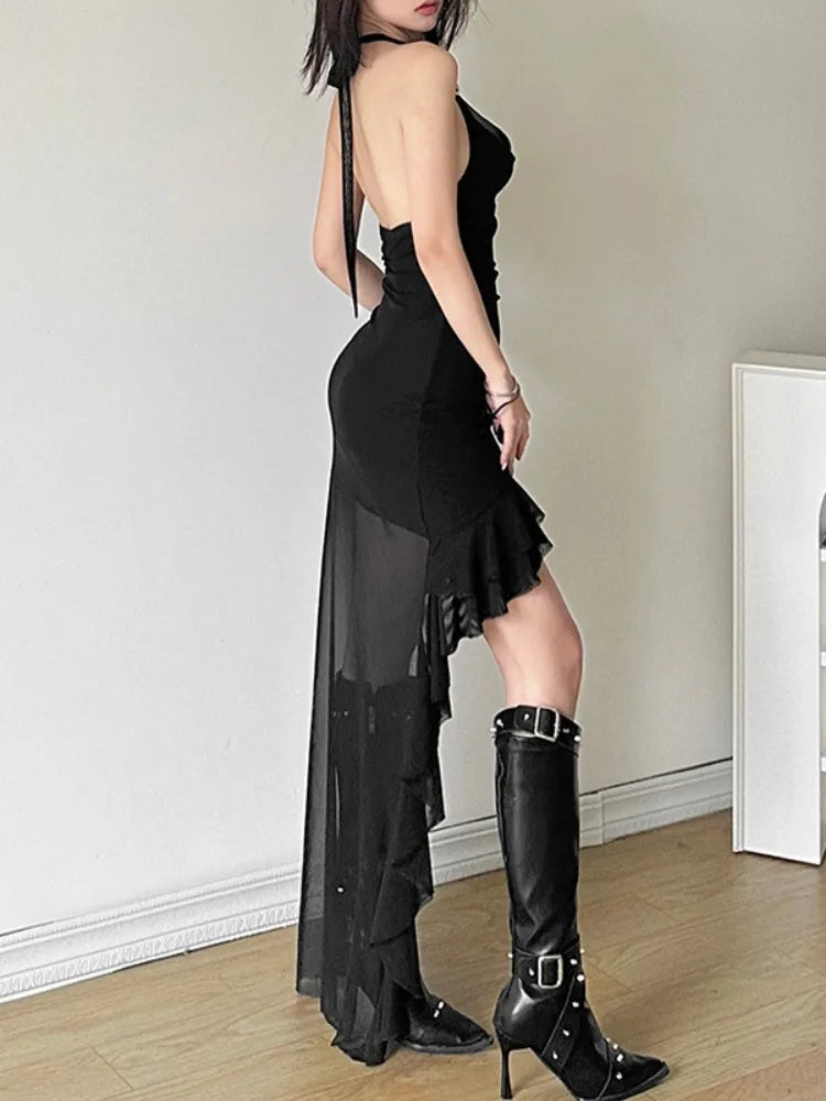 Antique Frilled Halter Ebony Midi Dress