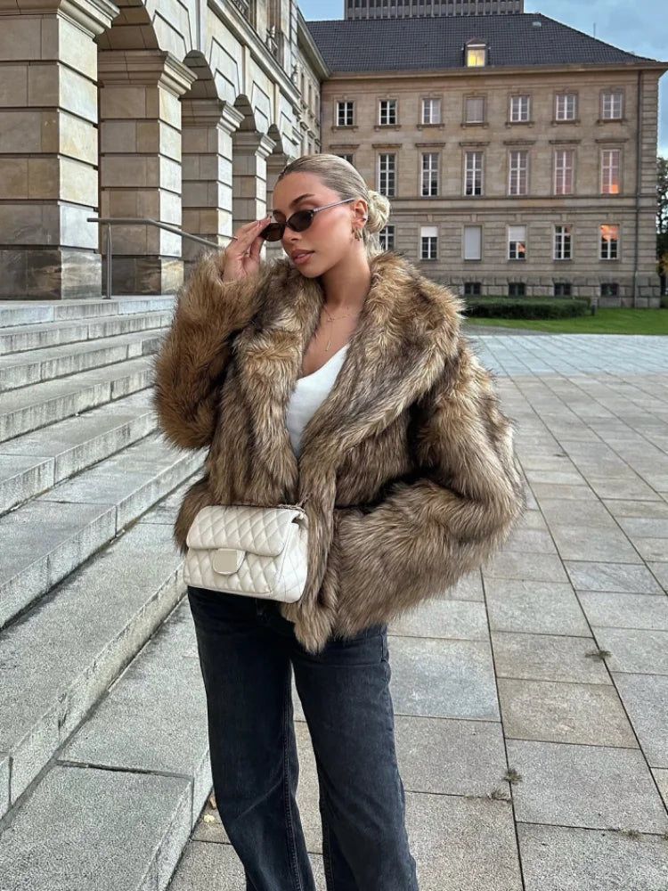 Brown Oversized Plush Furry Lapel Coat