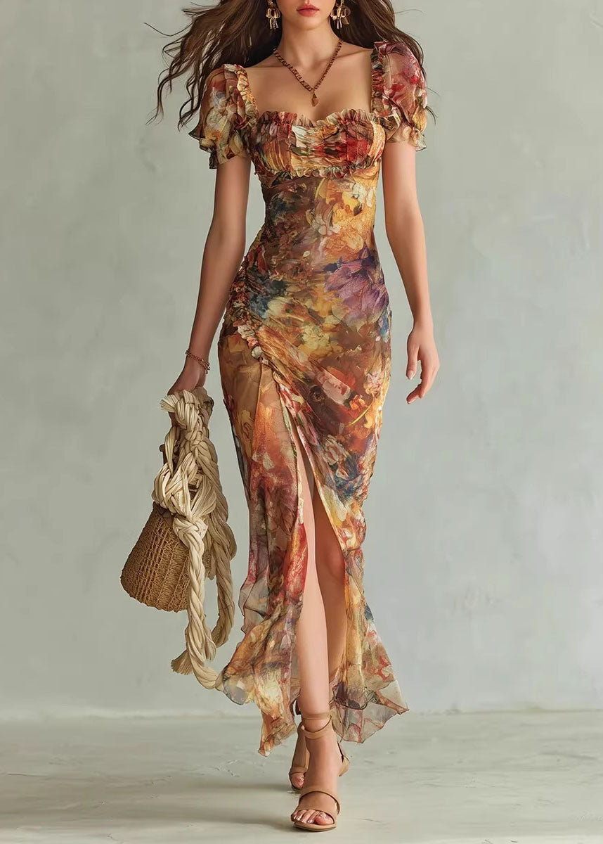 Square Neck Puff Sleeve Floral Print High Split Maxi Dress