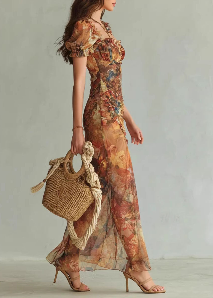 Square Neck Puff Sleeve Floral Print High Split Maxi Dress 3