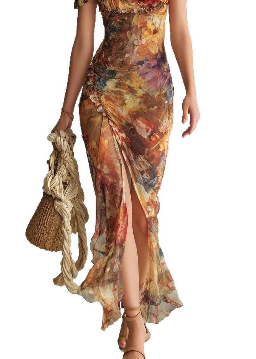 Square Neck Puff Sleeve Floral Print High Split Maxi Dress 5
