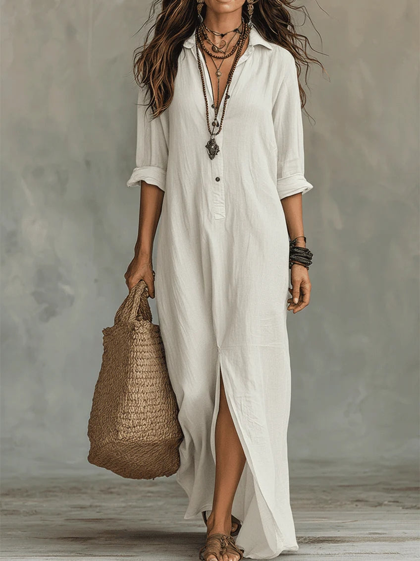 Collared Button Front Long Sleeve Side Split Shirt Maxi Dress 6